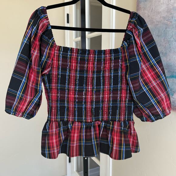 Draper James RSVP Plaid Smocked Peplum Top Women’s XL Puff Sleeve Square Neck - Picture 1 of 5
